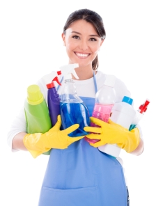 Housewife holding cleaning products